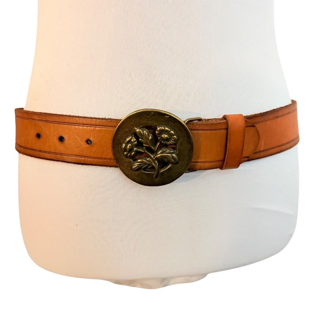 Old Navy Leather Belt Size S Floral Brass Buckle Cognac Brown Embossed VTG Y2K